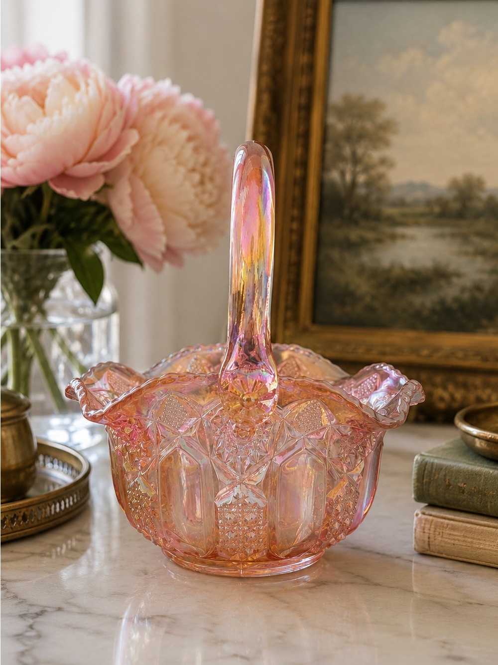 L.E. Smith Glass Quintec Pink Carnival Basket | Vintage Iridescent Handled Bowl